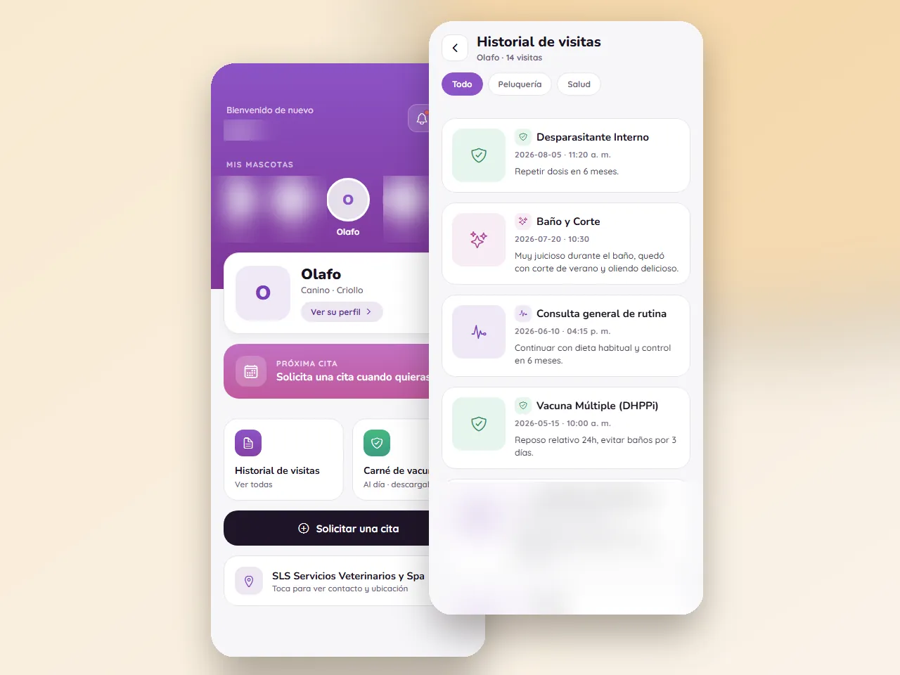 App móvil de SLS Servicios Veterinarios y Spa: perfil de la mascota Olafo e historial de visitas en dos pantallas de celular